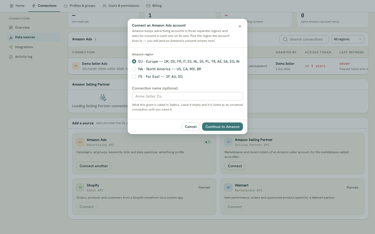 The Connect an Amazon Ads account dialog with the regions EU (UK, DE, FR, IT, ES, NL, SE, PL, TR, AE, SA, EG, IN), NA (US, CA, MX, BR) and FE (JP, AU, SG), an optional connection name field and a Continue to Amazon button