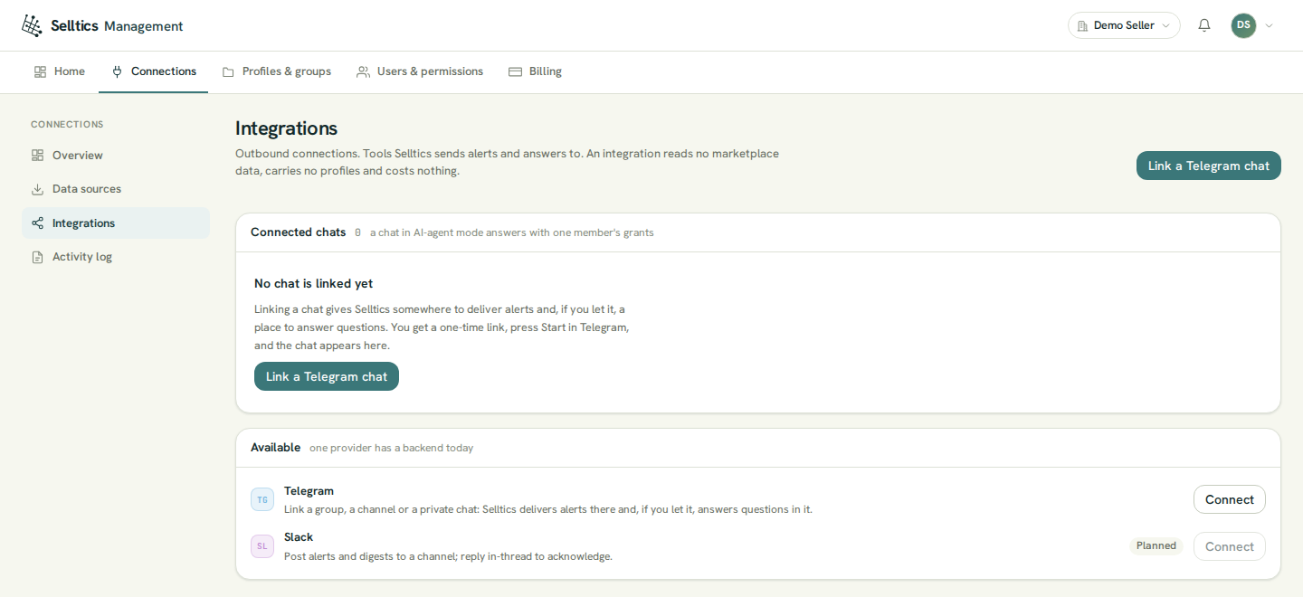 The Integrations screen of the Demo Seller organization: Connected chats is empty with a Link a Telegram chat button, and the Available list offers Telegram with Connect and Slack marked Planned