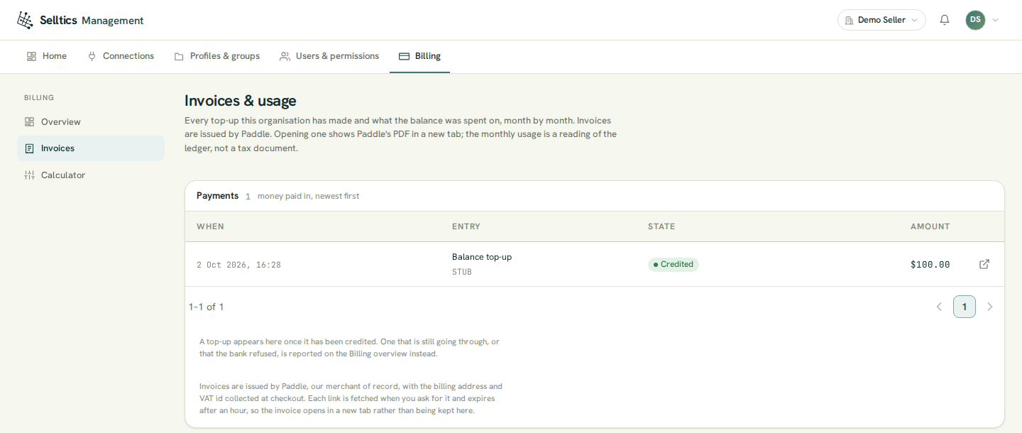 The Invoices & usage screen of the Demo Seller organization: the Payments panel with one credited $100.00 balance top-up and an open-invoice control, and notes that a top-up appears once credited and that invoices are issued by Paddle with links that expire after an hour