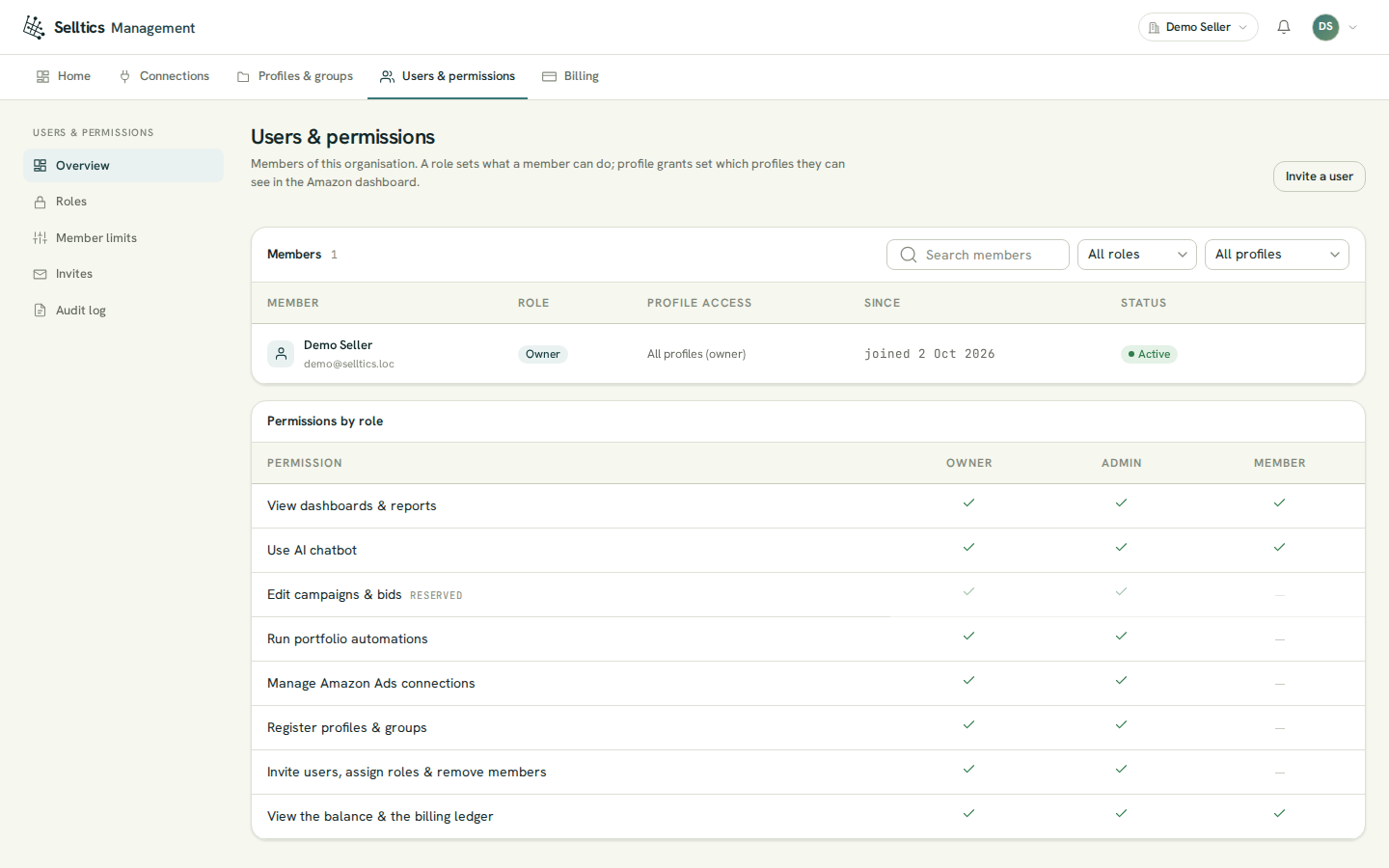 The Users & permissions overview of the Demo Seller organization: one member, Demo Seller, with the Owner role, profile access All profiles (owner) and status Active, and a Permissions by role table comparing Owner, Admin and Member