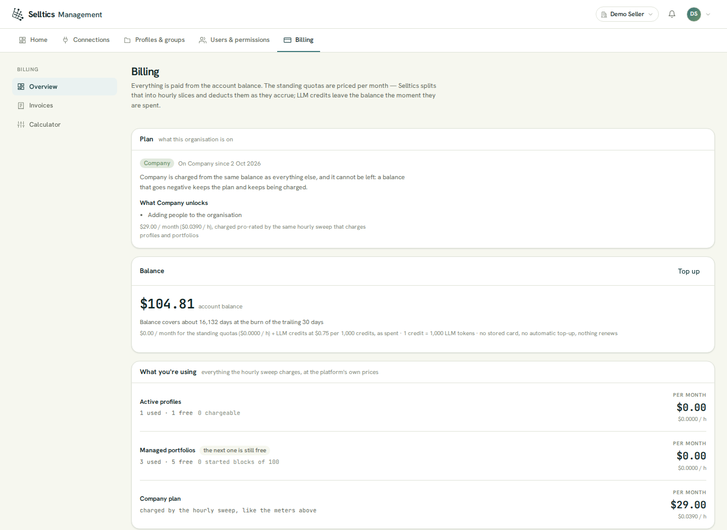 The Billing overview of the Demo Seller organization: the Plan panel on Company since 2 Oct 2026 at $29.00 a month ($0.0390 an hour), the Balance panel with $104.81, the runway at the trailing 30-day burn and the price terms, and the What you're using panel with Active profiles (1 used, 1 free, $0.00), Managed portfolios (3 used, 5 free, $0.00, the next one is still free) and the Company plan at $29.00 a month