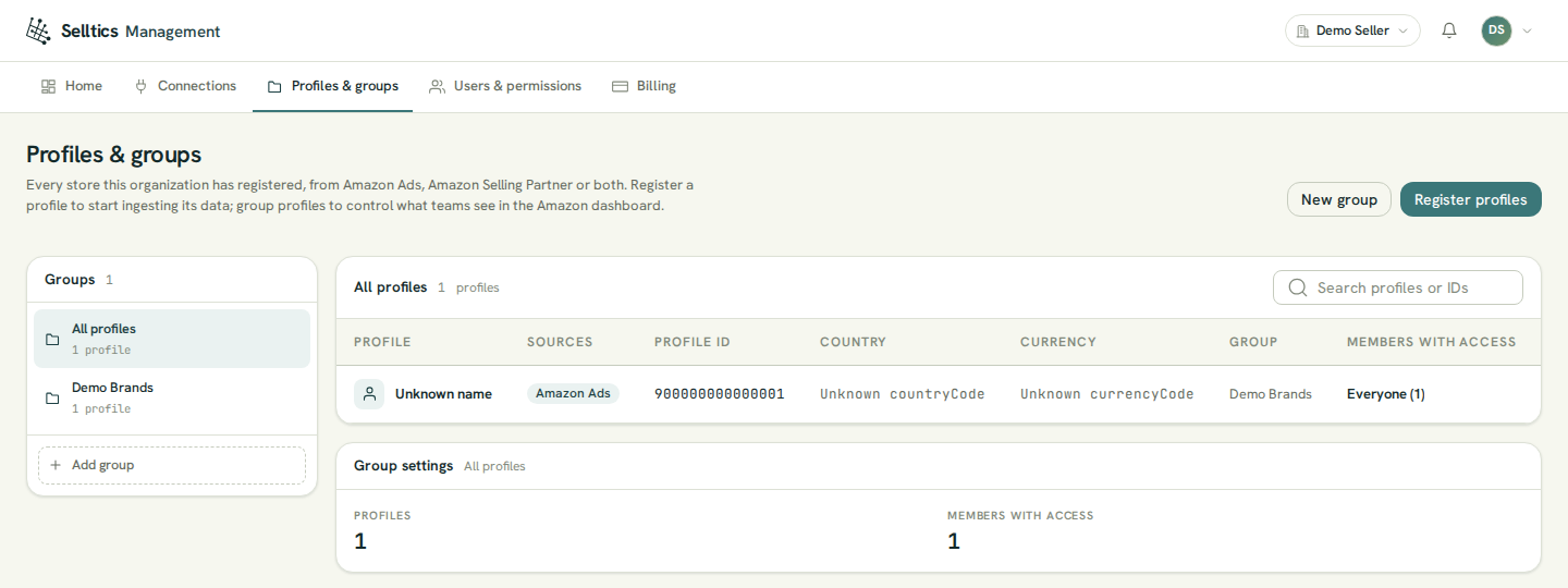 The Profiles & groups screen of the Demo Seller organization: a Groups sidebar with All profiles and the Demo Brands group, and a profile table with the columns Profile, Sources, Profile ID, Country, Currency, Group and Members with access. The demo profile carries an Amazon Ads source and reads Everyone (1)
