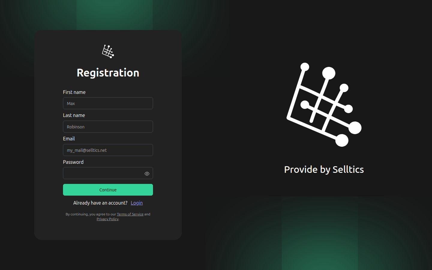 The Selltics SSO registration form with First name, Last name, Email and Password fields and a Continue button