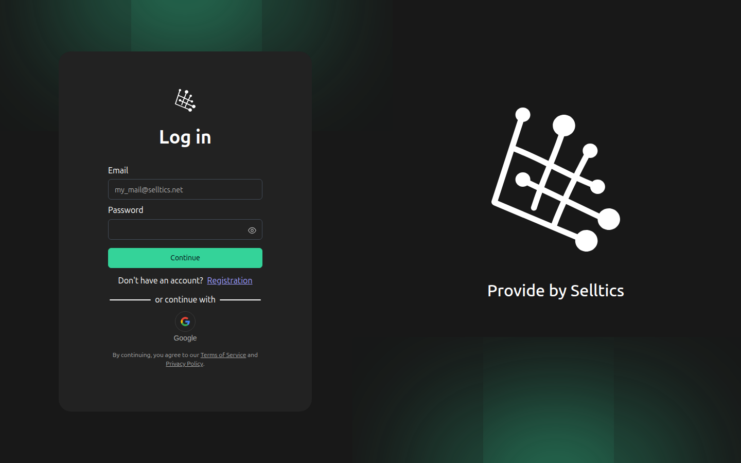 The Selltics SSO sign-in form with Email and Password fields, a Continue button, a link to registration and a Google sign-in button