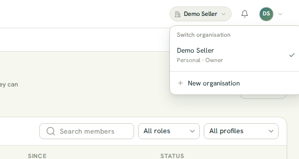 The organization switcher opened over the Users & permissions screen: under Switch organisation the Demo Seller organization, marked Personal · Owner and checked as the active one, and a New organisation row