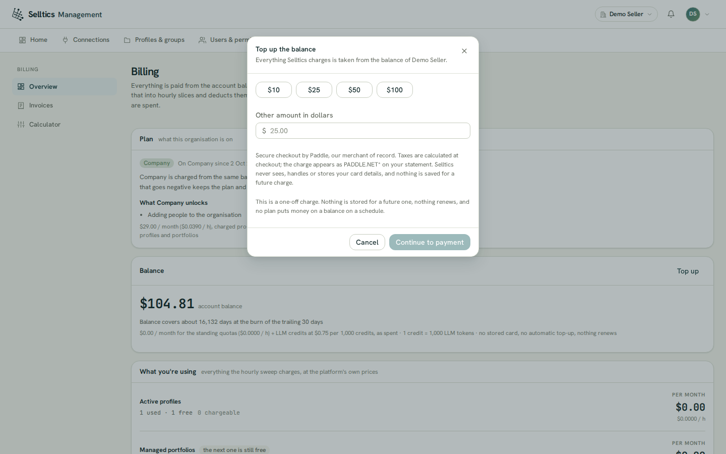 The Top up the balance dialog over the Billing overview, with $10, $25, $50 and $100 presets, an Other amount in dollars field, a note that the checkout is by Paddle, the merchant of record, that taxes are calculated at checkout and the charge appears as PADDLE.NET*, and Cancel and Continue to payment buttons